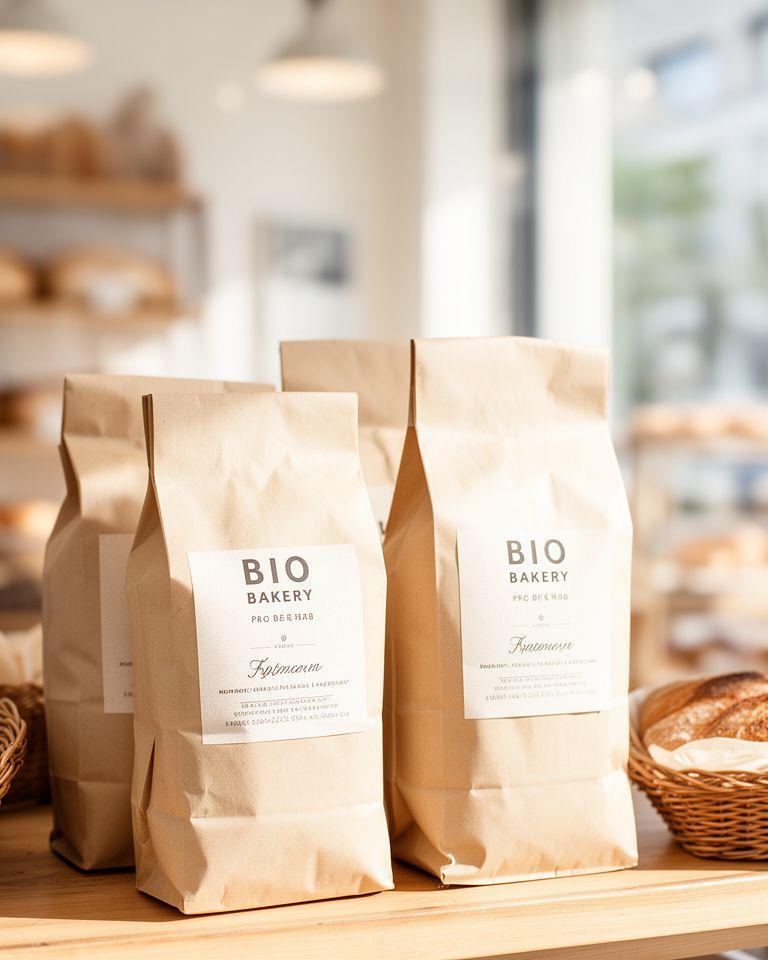 Bio-Bäckerei Brottüten in einem hellen Ladenraum mit handgestempeltem Logo und naturbraunem Papier
