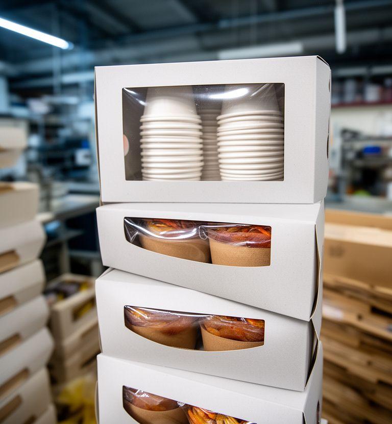 Take-away-Boxen eines Feinkostladens mit gestanztem Sichtfenster und ordentlich gestapelten Bechern in einer Produktion