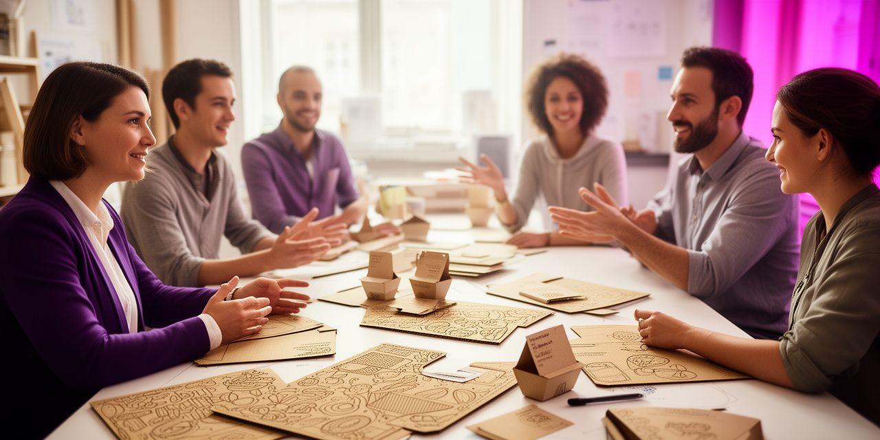 Team bespricht nachhaltige Lebensmittelverpackungen in einem hellen Zürcher Atelier mit Kartonmustern auf dem Tisch