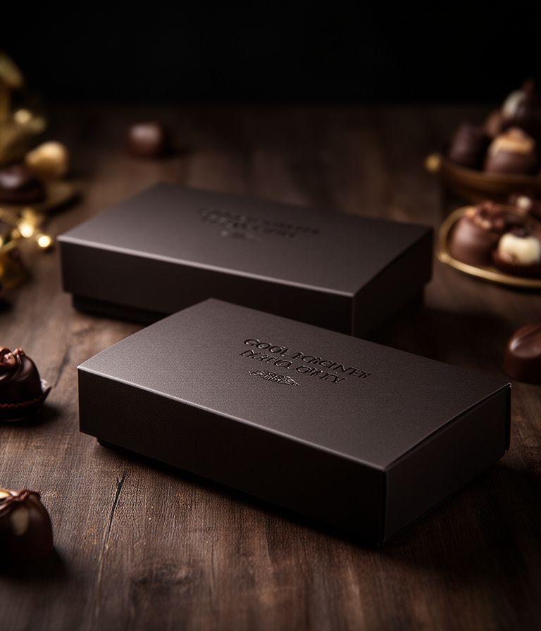 Elegante Präsentboxen für Pralinés auf einem dunklen Holztisch mit feiner Prägung und matter Oberfläche