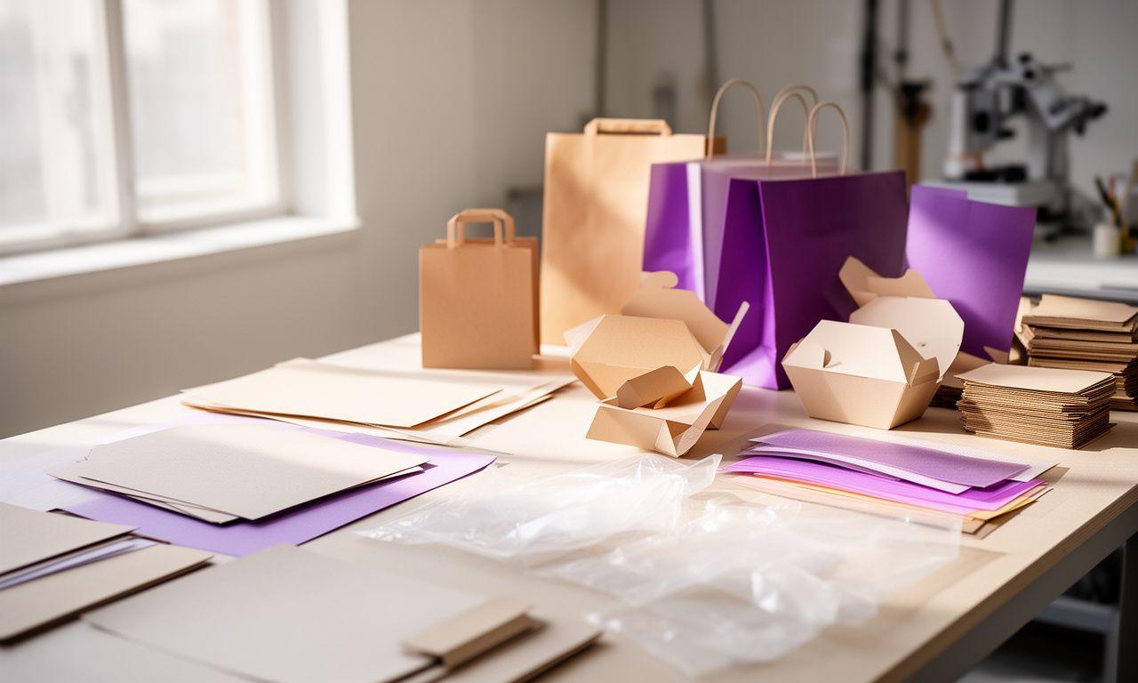 Arbeitsplatz mit nachhaltigen Lebensmittelverpackungen, Prototypen und Mustern in einem hellen Zürcher Atelier