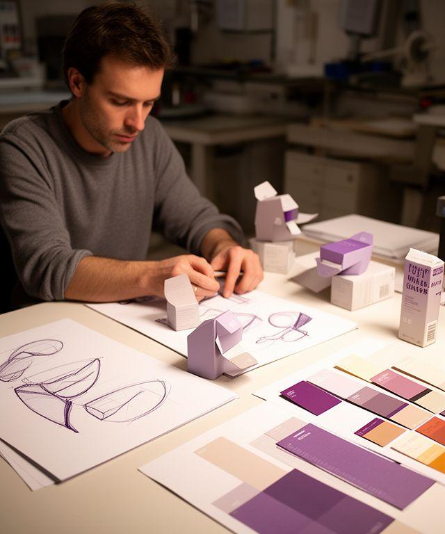 Marco am Designtisch mit Branding-Skizzen, Druckmustern und Prototypen von Verpackungen