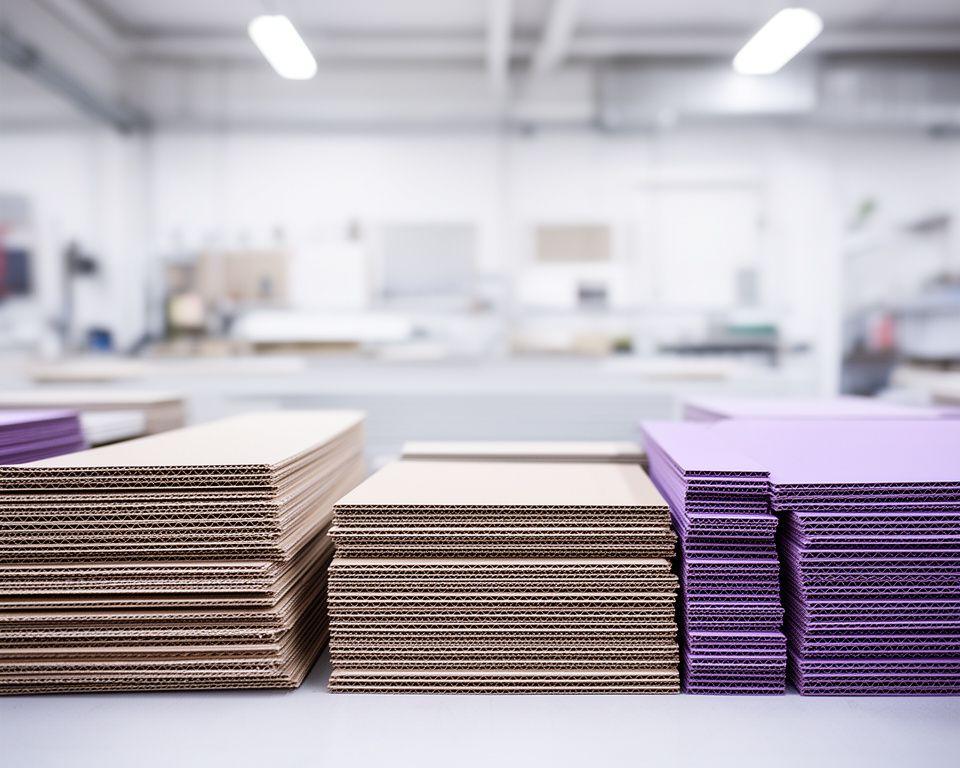 Nachhaltige Verpackungsmaterialien und kompakte Kartonstapel in einer hellen Produktionsumgebung mit ruhiger Atmosphäre