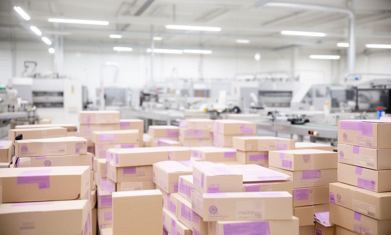 Schweizer Lebensmittelverpackungen in einer hellen Produktionshalle mit natürlichen Materialien und sauber gestapelten Kartons