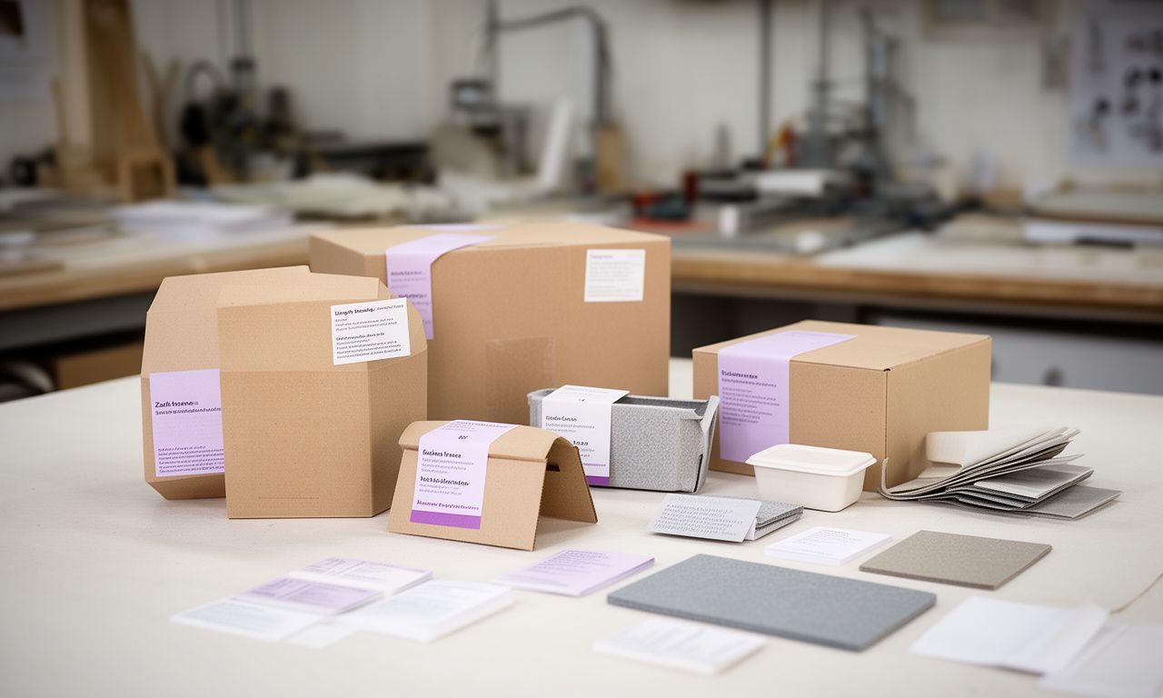 Auswahl nachhaltiger Lebensmittelverpackungen auf einem grossen Arbeitstisch in Zürich mit Kartons, Etiketten und feinen Materialmustern