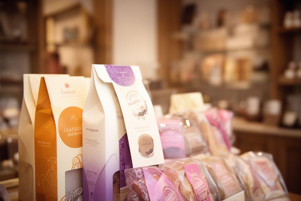 Fertig verpackte Confiserie-Produkte mit edlem Druck im Ladenregal einer Schweizer Spezialitätenmanufaktur