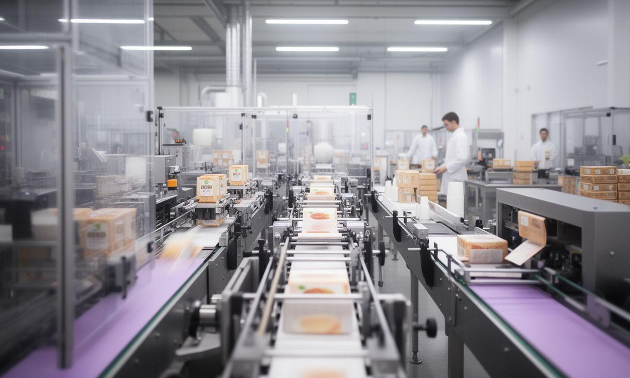 Moderne Produktionslinie für Lebensmittelverpackungen in Zürich mit Mitarbeitenden und sauberer Maschinenführung