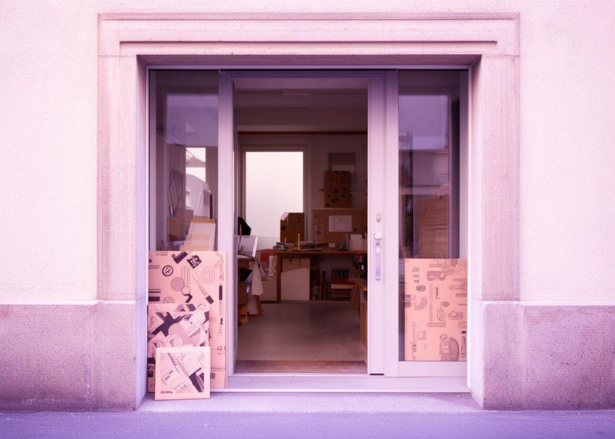 Aussenansicht eines Zürcher Ateliers mit Verpackungsmustern und natürlichem Tageslicht an der Werkstatttür