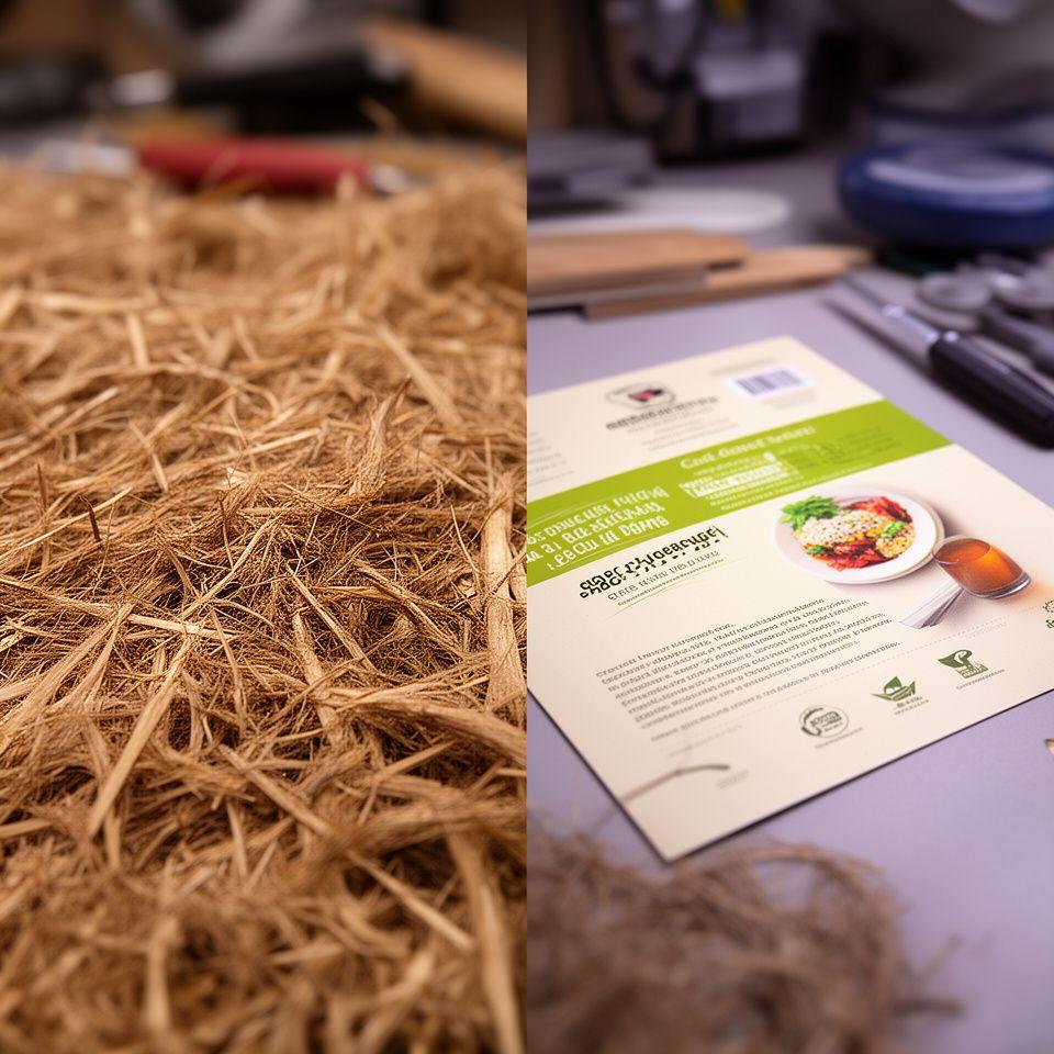 Nahaufnahme von Papierfasern, Rohstoffen und einer veredelten Lebensmittelverpackung auf einem Produktionstisch