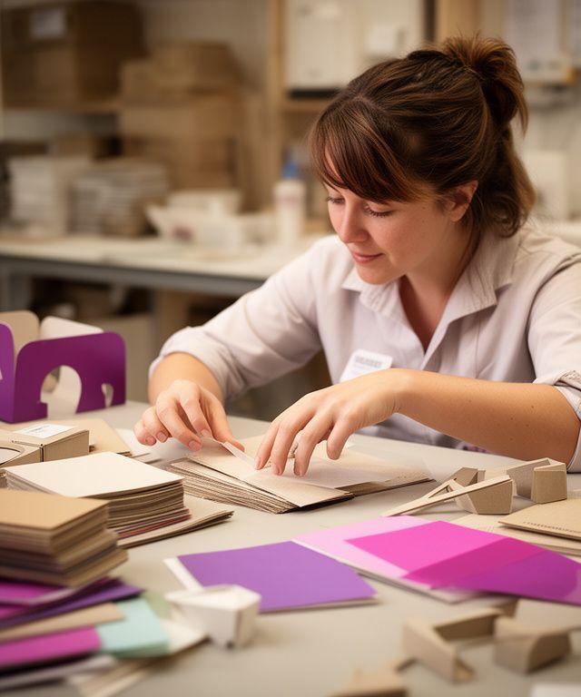 Anna in der Werkstatt mit Materialmustern und Proben für nachhaltige Lebensmittelverpackungen