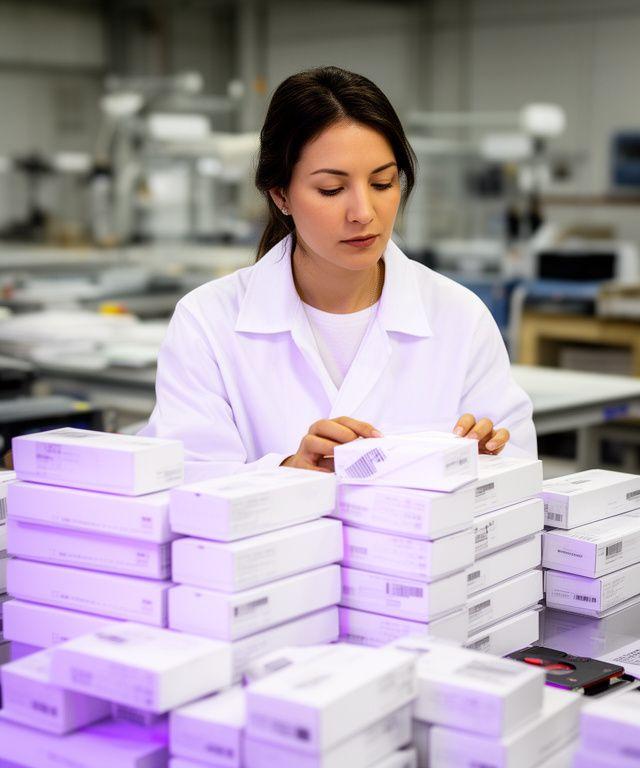Laura in der Produktionsleitung mit Qualitätsmustern und sauber gestapelten Verpackungsproben